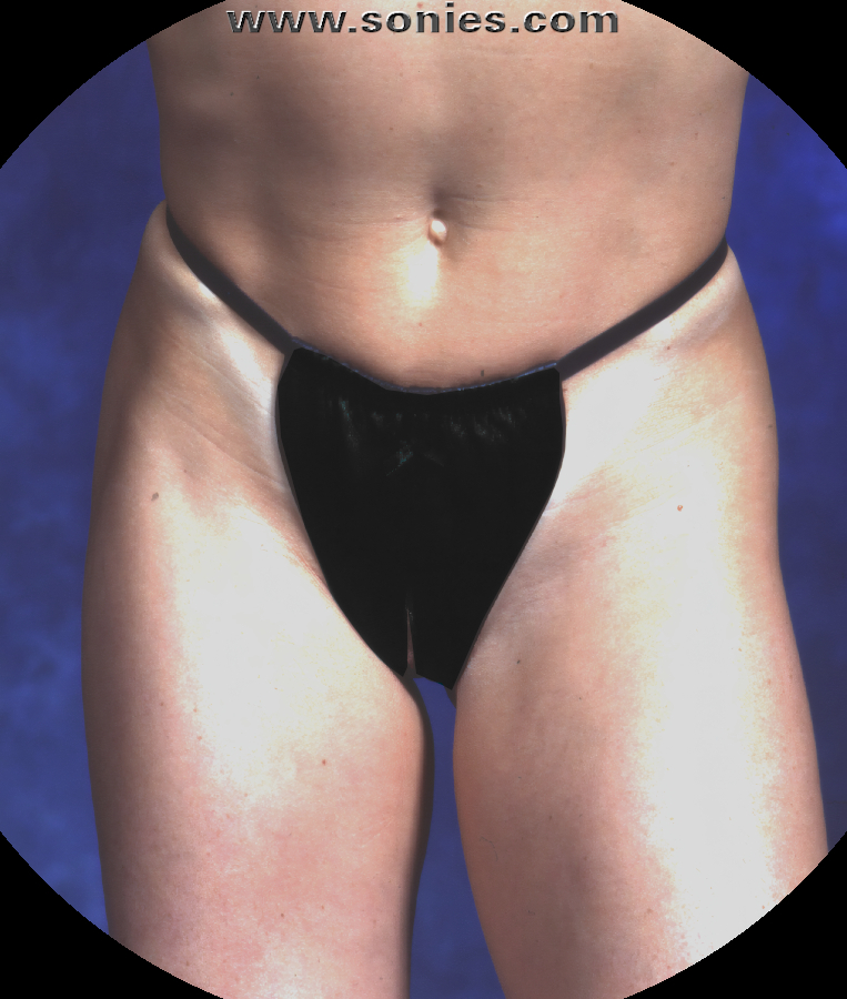 Dangerously sexy in this amazing ladies Dirty Diva patent leather (PVC) dance wear bottom. Crafted with a Brazilian cut back and a tantalizing pee-a-boo cut-out crotch detailing. Adorned by means of a lace ribbon bow appliqu� on front, plus elasticized waistband finally to ensure a comfortable fit. It pairs beautifully with any number of risqu� patent leather (PVC) tops. May be worn with stiletto heel shoes or boots to create a phenomenal look. This style is perfect for stage, bedroom performance, life style events, pride week, monthly play parties, fetish events, adult alternative lifestyle gatherings, bachelor parties, club wear, nightclubs, dance clubs and gentleman's clubs.   Style: SCP-01