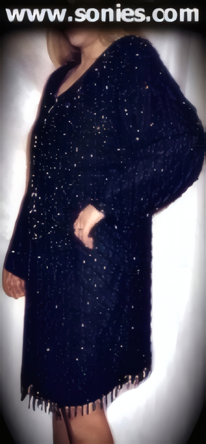 Elegant Silk Long Evening Jacket with Hand Sewn Multiple Sequin and Beads, has a Fringed Beaded Detail Hem Finish. Padded Shoulder Shaping, Fully Lined, Single Hook and Eye Neckline Front Closure.   Style: SCSQ-1