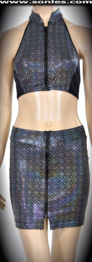 Encasing and very provocative in this Sincholagua fashion-savvy center stage glimmer hologram stretch Lycra two piece set. Stunning petite collar halter style crop top with contour seaming, plus tantalizing open-ended zipper front for off and on ease detail finish. Includes a matching break-away zipper front mini skirt finally to complete this magnificent vesture (15% Lycra, 85% Nylon exclusive of trim. Hand wash cold and drip dry, no bleach). Effortless to pull-on and a treat for your audience to see you take it off! It pairs beautifully with any number of risqu� gloves. May be worn with stiletto heel shoes or boots to create a phenomenal look. This style is perfect for stage, life style events, pride week, monthly play parties, fetish events, adult alternative lifestyle gatherings, bachelor parties, club wear, nightclubs, dance clubs and gentleman's clubs.   Style: SHD-908A