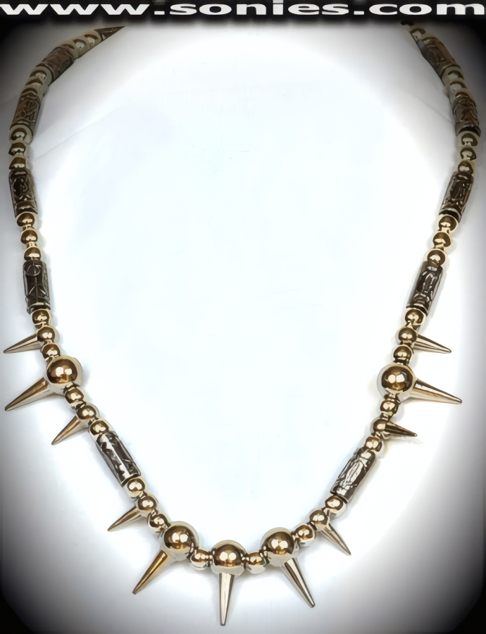 Be a Chancy Soul in this Sensational Anodized Silver Metal Spike Necklace with Metal Round and Cylindrical Aztec Beads Combination to create a more Stunning effect. Secure and attractive Lobster Claw Clasp Detail Finish. 19-Inch Length.   STYLE: SJN-08C