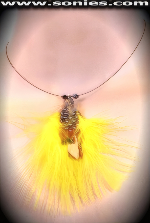 Resplendent Black Wire Necklace with Dangling Metal Chain and Ball Tip Finish. Two Black Diamond Beads on Either Side of Metal Dome Mystery Dual Contrasting Feather Holder. 15-Inch Length.   STYLE: SJN-09A