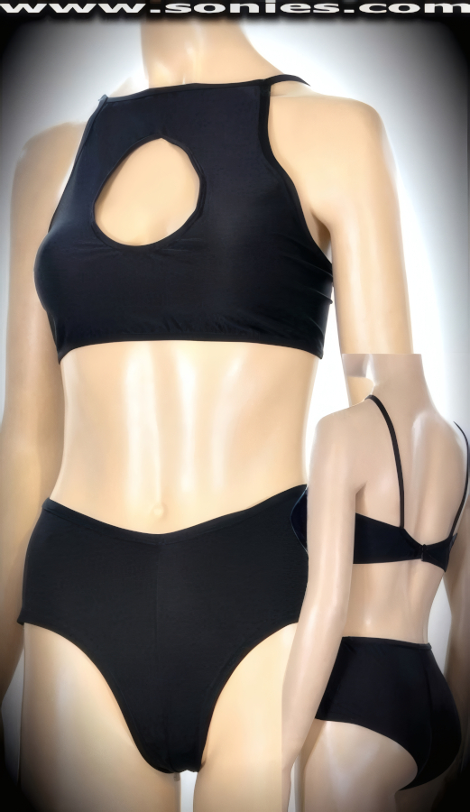Mueva La Cintura in this Piz Morteratsch well-sculpted three piece ladies stretch Lycra set. Curvature hugging crop top with skin baring keyhole front, spaghetti shoulder straps to ensure a great fit, plus hook back closure for off and on ease detail finish. Complementing hip hugging pull-on cheeky hot pants. Includes a matching thong back dance wear panty with lined crotch to complete this magnificent vesture (15% Lycra, 85% Nylon). It pairs beautifully with any number of risqu� gloves. May be worn with stiletto heel shoes or boots to create a phenomenal look. This style is perfect for stage, life style events, pride week, monthly play parties, fetish events, adult alternative lifestyle gatherings, bachelor parties, club wear, nightclubs, dance clubs and gentleman's clubs.   Style: TUS-1116