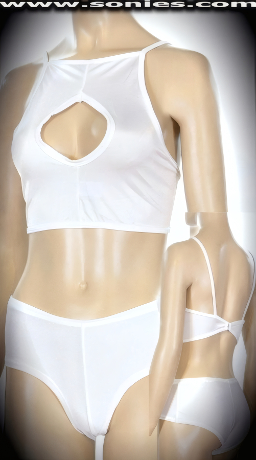 Shapely and seductive in this Sincholagua well-sculpted three piece stretch Lycra set. Curvature hugging crop top with skin baring keyhole front, spaghetti shoulder straps to ensure a great fit, plus hook back closure for off and on ease detail finish. Complementing hip hugging pull-on cheeky hot pants. Includes a matching thong back dance wear panty with lined crotch to complete this magnificent vesture (15% Lycra, 85% Nylon). It pairs beautifully with any number of risqu� gloves. May be worn with stiletto heel shoes or boots to create a phenomenal look. This style is perfect for stage, life style events, pride week, monthly play parties, fetish events, adult alternative lifestyle gatherings, bachelor parties, club wear, nightclubs, dance clubs and gentleman's clubs.   Style: TUS-1116A