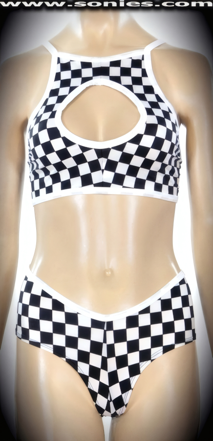Sleek and ultra-sexy in this Nadelhorn well-sculpted three piece stretch checker print Lycra set. Curvature hugging crop top with skin baring keyhole front, spaghetti shoulder straps to ensure a great fit, plus hook back closure for off and on ease detail finish. Complementing hip hugging pull-on cheeky hot pants. Includes a matching thong back dance wear panty with lined crotch to complete this magnificent vesture (15% Lycra, 85% Nylon). It pairs beautifully with any number of risqu� gloves. May be worn with stiletto heel shoes or boots to create a phenomenal look. This style is perfect for stage, life style events, pride week, monthly play parties, fetish events, adult alternative lifestyle gatherings, bachelor parties, club wear, nightclubs, dance clubs and gentleman's clubs.   Style: TUS-1116B