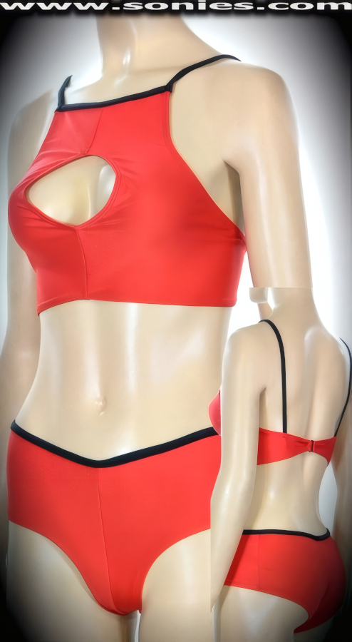 Hit the town tonight wearing this Cotacachi well-sculpted three piece stretch Lycra set. Curvature hugging crop top with skin baring keyhole front, spaghetti shoulder straps to ensure a great fit, plus hook back closure for off and on ease detail finish. Complementing hip hugging pull-on cheeky hot pants. Includes a matching thong back dance wear panty with lined crotch to complete this magnificent vesture (15% Lycra, 85% Nylon). It pairs beautifully with any number of risqu� gloves. May be worn with stiletto heel shoes or boots to create a phenomenal look. This style is perfect for stage, life style events, pride week, monthly play parties, fetish events, adult alternative lifestyle gatherings, bachelor parties, club wear, nightclubs, dance clubs and gentleman's clubs.   Style: TUS-1116C