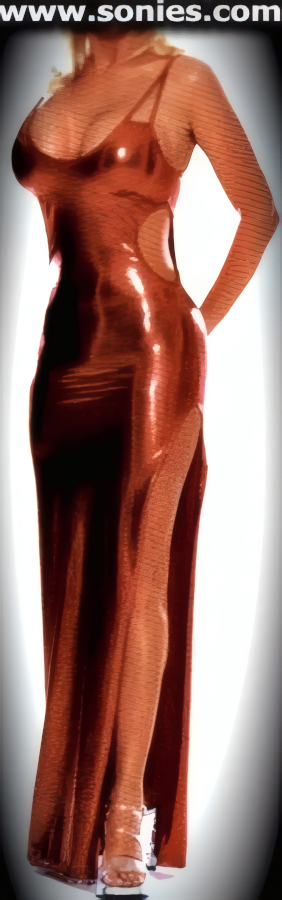 Generating some Heat in this Center Stage Hot Aspect Curve Hugging Stretch Glitzy Lycra Pull-On Gown. Dramatic Cut-Out Dual Front Straps with Low Scoop Neckline and Provocative Cut-Out Skin Baring Sides Detail Finish. Eye-Captivating Thigh High Side Slit Finally (15% Lycra, 85% Nylon). It pairs beautifully with any number of gloves. May be worn with stiletto heel shoes to create a phenomenal look. This style is perfect for stage, life style events, pride week, monthly play parties, fetish events, adult alternative lifestyle gatherings, bachelor parties, club wear, nightclubs, dance clubs and gentleman's clubs.   Style: TUS-3042