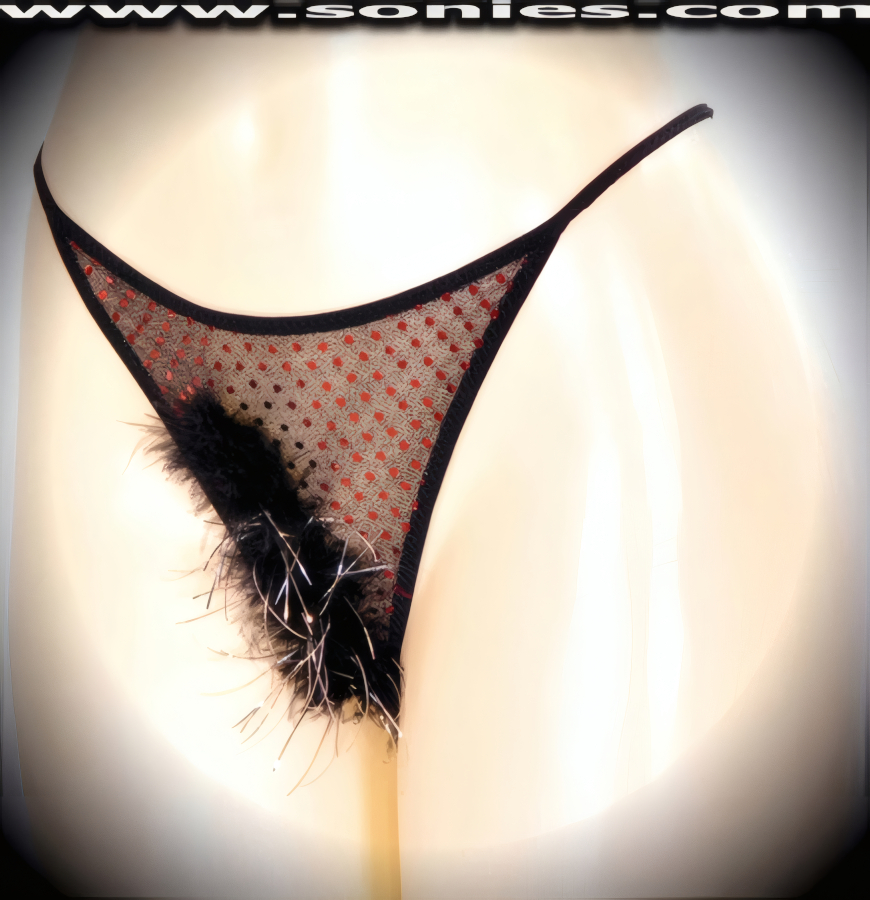 Wonderfully naughty in this superbly sheer ladies Kailash low-rise glittery sequin with lurex dance wear G-String back bottom. This panty is made even more enticing by means of an eye-alluring slightly concealing soft marabou front with shiny silver strands for ultimate effect. Crafted with a suggestive unlined crotch, plus soft elasticized waistband to ensure a great fit and stunning V-Shape back finally (5% Spandex, 65% Polyester, 30% Lurex. Hand wash cold, hang dry, no bleach). It pairs beautifully with any number of risqu� tops. May be worn with stiletto heel shoes or boots to create a phenomenal look. This style is perfect for stage, bedroom performance, life style events, pride week, monthly play parties, fetish events, adult alternative lifestyle gatherings, bachelor parties, club wear, nightclubs, dance clubs and gentleman's clubs.   Style: YQ001
