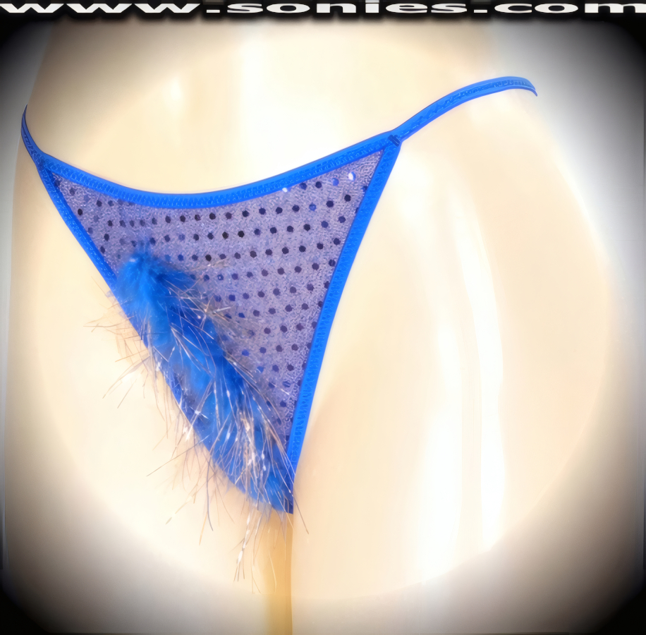 Wonderfully naughty in this superbly sheer ladies Kailash low-rise glittery sequin with lurex dance wear G-String back bottom. This panty is made even more enticing by means of an eye-alluring slightly concealing soft marabou front with shiny silver strands for ultimate effect. Crafted with a suggestive unlined crotch, plus soft elasticized waistband to ensure a great fit and stunning V-Shape back finally (5% Spandex, 65% Polyester, 30% Lurex. Hand wash cold, hang dry, no bleach). It pairs beautifully with any number of risqu� tops. May be worn with stiletto heel shoes or boots to create a phenomenal look. This style is perfect for stage, bedroom performance, life style events, pride week, monthly play parties, fetish events, adult alternative lifestyle gatherings, bachelor parties, club wear, nightclubs, dance clubs and gentleman's clubs.   Style: YQ001F