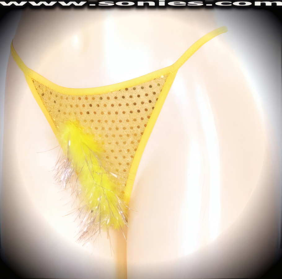 Wonderfully naughty in this superbly sheer ladies Kailash low-rise glittery sequin with lurex dance wear G-String back bottom. This panty is made even more enticing by means of an eye-alluring slightly concealing soft marabou front with shiny silver strands for ultimate effect. Crafted with a suggestive unlined crotch, plus soft elasticized waistband to ensure a great fit and stunning V-Shape back finally (5% Spandex, 65% Polyester, 30% Lurex. Hand wash cold, hang dry, no bleach). It pairs beautifully with any number of risqu� tops. May be worn with stiletto heel shoes or boots to create a phenomenal look. This style is perfect for stage, bedroom performance, life style events, pride week, monthly play parties, fetish events, adult alternative lifestyle gatherings, bachelor parties, club wear, nightclubs, dance clubs and gentleman's clubs.   Style: YQ001H