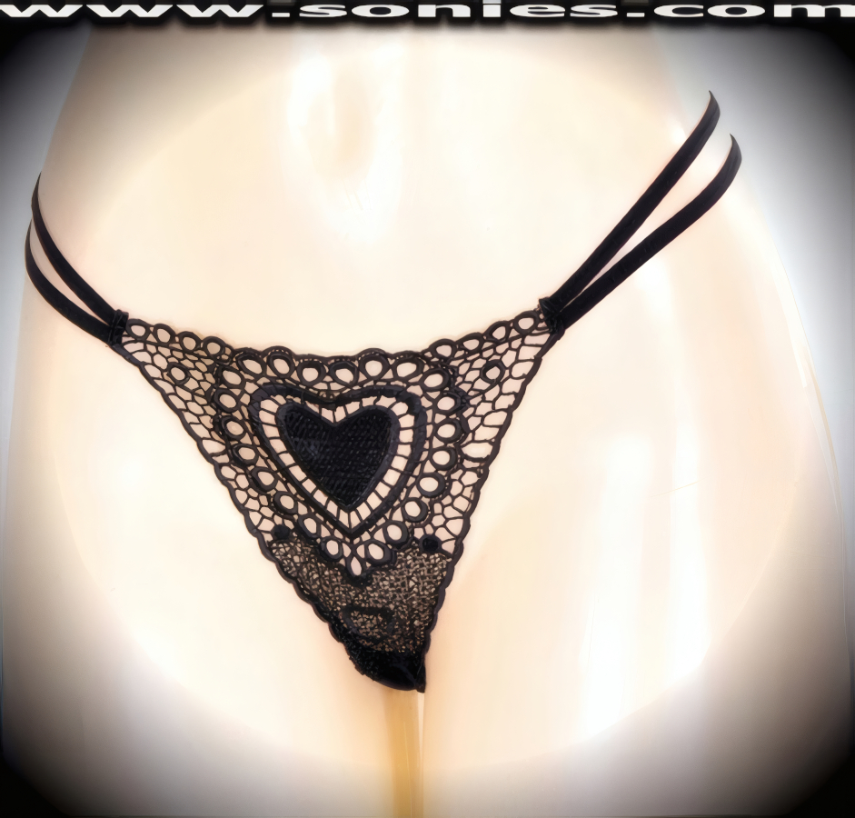 Lavish and light as air, this ethereal adult entertainer's low-rise Venatici see-through embroidered front with hearts dance wear thong bottom. Irresistibly enticing panty features double elasticized strappy sides to insure a great fit, lined crotch, and opaque thong back detail finish (10% Lycra, 90% Nylon. Wash delicate and hang dry). It pairs beautifully with any number of risqu� tops. May be worn with stiletto heel shoes or boots to create a phenomenal look. This style is perfect for stage, bedroom performance, life style events, pride week, monthly play parties, fetish events, adult alternative lifestyle gatherings, bachelor parties and gentleman's clubs.   Style: YQ002