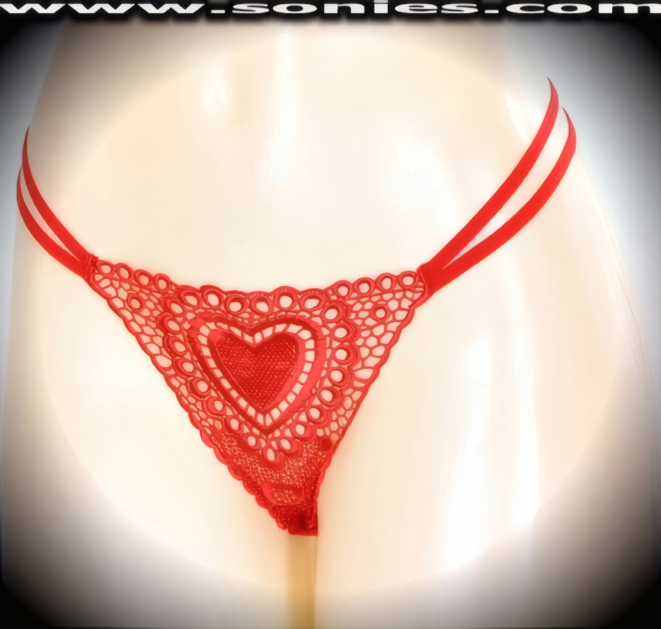 Lavish and light as air, this ethereal adult entertainer's low-rise Venatici see-through embroidered front with hearts dance wear thong bottom. Irresistibly enticing panty features double elasticized strappy sides to insure a great fit, lined crotch, and opaque thong back detail finish (10% Lycra, 90% Nylon. Wash delicate and hang dry). It pairs beautifully with any number of risqu� tops. May be worn with stiletto heel shoes or boots to create a phenomenal look. This style is perfect for stage, bedroom performance, life style events, pride week, monthly play parties, fetish events, adult alternative lifestyle gatherings, bachelor parties and gentleman's clubs.   Style: YQ002C