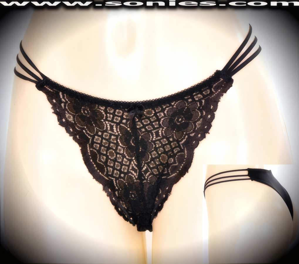 This feminine adult entertainer's low-rise Maila lusciously sheer scallop floral lace front detailing dance wear panty is a truly provocative style. Irresistibly enticing panty features a triple elasticized strappy cutout sides to create an impressive look, lined crotch, and silky soft opaque Lycra Brazilian back finally to insure a comfortable fit, plus a satin bow appliqu� front detail finish (10% Lycra, 90% Nylon. Wash delicate and hang dry). It pairs beautifully with any number of risqu� tops. May be worn with stiletto heel shoes or boots to create a phenomenal look. This style is perfect for stage, bedroom performance, life style events, pride week, monthly play parties, fetish events, adult alternative lifestyle gatherings, bachelor parties and gentleman's clubs.   Style: YQ02