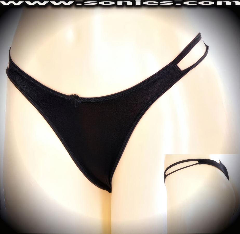 Look and feel trendy on stage wearing this exquisite Kamet low-rise stretch satin Lycra dance wear thong bottom. Irresistibly enticing panty has cutout skin baring sides with double elasticized straps to insure a great fit, lined crotch, thong back, plus satin bow appliqu� front detail finish (10% Lycra, 90% Nylon. Wash delicate and hang dry). It pairs beautifully with any number of risqu� tops. May be worn with stiletto heel shoes or boots to create a phenomenal look. This style is perfect for stage, bedroom performance, life style events, pride week, monthly play parties, fetish events, adult alternative lifestyle gatherings, bachelor parties and gentleman's clubs.   Style: YQ03B