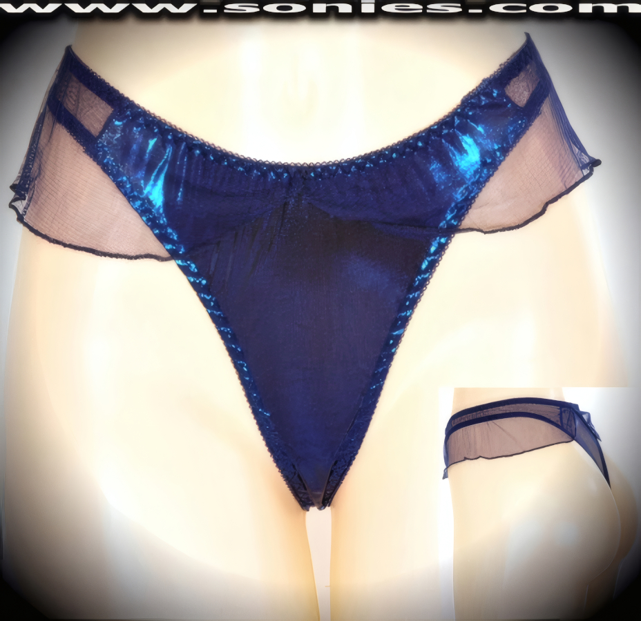 Show your treacherously sexy side in this adult entertainer's low-rise Barwa stretch metallic Lycra front dance wear thong bottom with attached sheer mesh flutter detailing to create an impressive look. Irresistibly enticing panty features soft elasticized edging, lined mesh crotch, and sheer stretch mesh thong back finally to insure a comfortable fit (10% Lycra, 90% Nylon. Wash delicate and hang dry). It pairs beautifully with any number of risqu� tops. May be worn with stiletto heel shoes or boots to create a phenomenal look. This style is perfect for stage, bedroom performance, life style events, pride week, monthly play parties, fetish events, adult alternative lifestyle gatherings, bachelor parties and gentleman's clubs.   Style: YQ058B