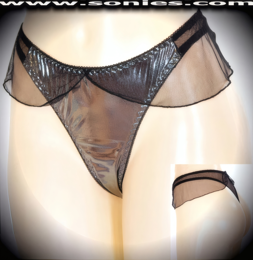Show your treacherously sexy side in this adult entertainer's low-rise Barwa stretch metallic Lycra front dance wear thong bottom with attached sheer mesh flutter detailing to create an impressive look. Irresistibly enticing panty features soft elasticized edging, lined mesh crotch, and sheer stretch mesh thong back finally to insure a comfortable fit (10% Lycra, 90% Nylon. Wash delicate and hang dry). It pairs beautifully with any number of risqu� tops. May be worn with stiletto heel shoes or boots to create a phenomenal look. This style is perfect for stage, bedroom performance, life style events, pride week, monthly play parties, fetish events, adult alternative lifestyle gatherings, bachelor parties and gentleman's clubs.   Style: YQ058C