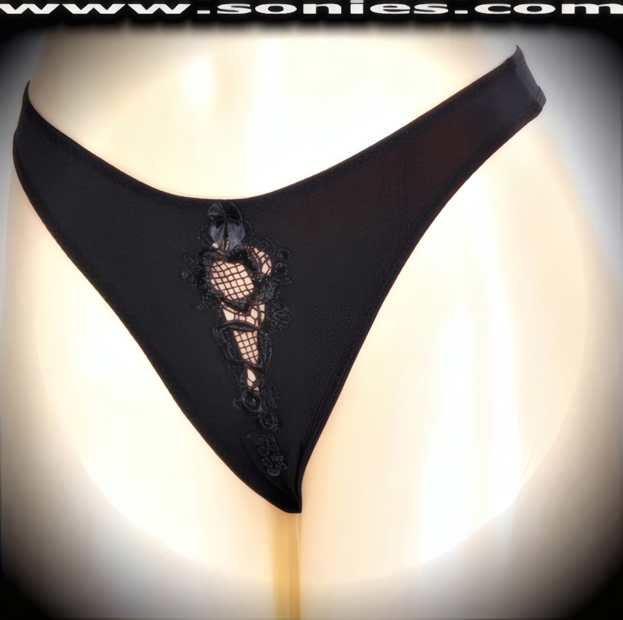 A seductive style with maximum sex appeal is this dazzling adult entertainer's Pastora low-rise stretch satin Lycra dance wear thong bottom. Crafted with an exquisitely embroidered floral lace sheer center front inset, cotton lined crotch, opaque thong back, plus satin bow appliqu� front detail finish (10% Lycra, 90% Nylon. Wash delicate and hang dry). It pairs beautifully with any number of risqu� tops. May be worn with stiletto heel shoes or boots to create a phenomenal look. This style is perfect for stage, bedroom performance, life style events, pride week, monthly play parties, fetish events, adult alternative lifestyle gatherings, bachelor parties and gentleman's clubs.   Style: YQ1187