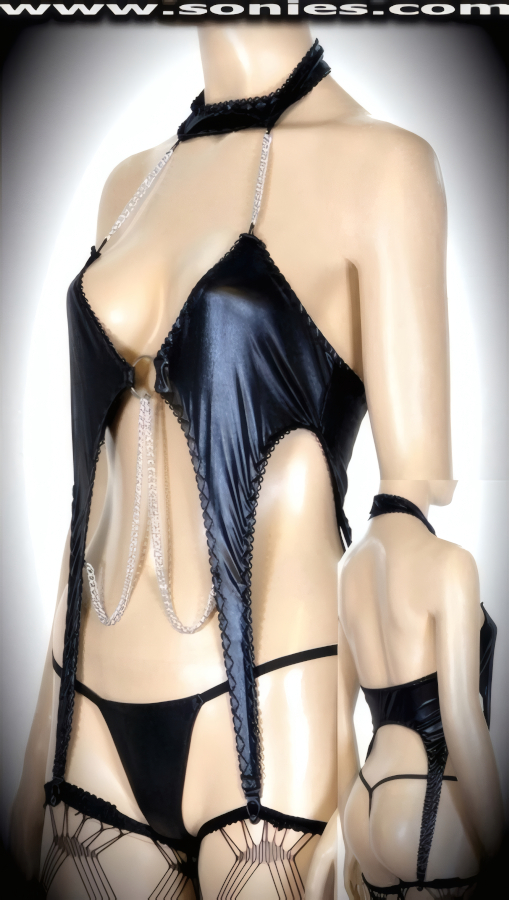 Explore your naughty desire in this magnificent ladies passion igniting racy black wet-look stretch Lycra halter style top with cascading front chain connect and attached garters. This seductively alluring top has a rear neck Velcro closure for off and on ease, large metal O-ring cleavage connect with silver metal chain detailing, plus skin baring cutout bodice with four garters that may be attached to your favorite thigh high stockings. Crafted using 2 way stretch Lycra fabric for supreme fit and comfort (15% Lycra, 85% Nylon. G-String and stockings not included). It pairs beautifully with any number of gloves and is perfect as a risqu� top with skirts, dress pants, jeans or under your favorite jacket. May be worn with stiletto heel shoes or boots to create a phenomenal look. This style is perfect for stage, life style events, pride week, monthly play parties, fetish events, adult alternative lifestyle gatherings, bachelor parties, club wear, nightclubs, dance clubs and gentleman's clubs.   Style: YQ19999