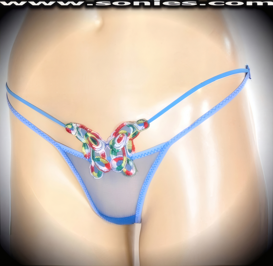 An ultra-sexy adult entertainer's low-rise Martita lusciously sheer fine mesh front cutout dance wear panty with lavishly embroidered multicolored butterfly detailing and thong back, that is guaranteed to make waves at night or on the stage. Irresistibly enticing panty features a dual elasticized strappy cutout front sides to create an impressive look, cotton lined crotch, and silky soft sheer mesh thong back finally to insure a comfortable fit (10% Lycra, 90% Nylon. Wash delicate and hang dry). It pairs beautifully with any number of risqu� tops. May be worn with stiletto heel shoes or boots to create a phenomenal look. This style is perfect for stage, bedroom performance, life style events, pride week, monthly play parties, fetish events, adult alternative lifestyle gatherings, bachelor parties and gentleman's clubs.   Style: YQ2098B