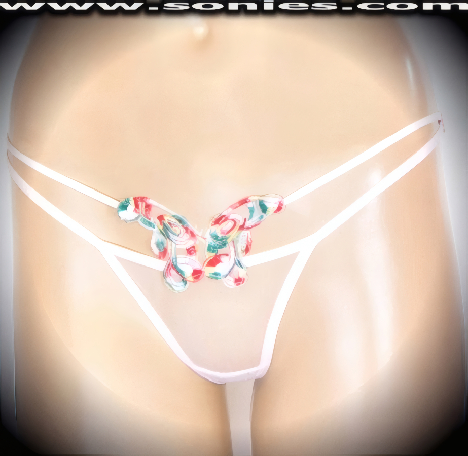 An ultra-sexy adult entertainer's low-rise Martita lusciously sheer fine mesh front cutout dance wear panty with lavishly embroidered multicolored butterfly detailing and thong back, that is guaranteed to make waves at night or on the stage. Irresistibly enticing panty features a dual elasticized strappy cutout front sides to create an impressive look, cotton lined crotch, and silky soft sheer mesh thong back finally to insure a comfortable fit (10% Lycra, 90% Nylon. Wash delicate and hang dry). It pairs beautifully with any number of risqu� tops. May be worn with stiletto heel shoes or boots to create a phenomenal look. This style is perfect for stage, bedroom performance, life style events, pride week, monthly play parties, fetish events, adult alternative lifestyle gatherings, bachelor parties and gentleman's clubs.   Style: YQ2098C