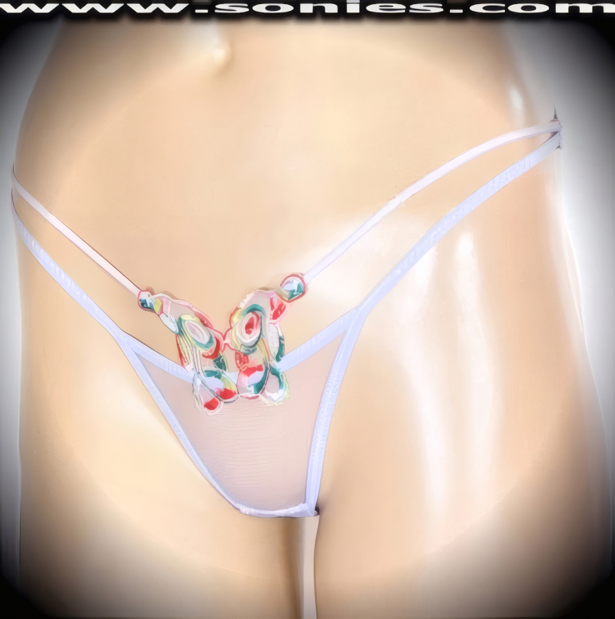 An ultra-sexy adult entertainer's low-rise Martita lusciously sheer fine mesh front cutout dance wear panty with lavishly embroidered multicolored butterfly detailing and thong back, that is guaranteed to make waves at night or on the stage. Irresistibly enticing panty features a dual elasticized strappy cutout front sides to create an impressive look, cotton lined crotch, and silky soft sheer mesh thong back finally to insure a comfortable fit (10% Lycra, 90% Nylon. Wash delicate and hang dry). It pairs beautifully with any number of risqu� tops. May be worn with stiletto heel shoes or boots to create a phenomenal look. This style is perfect for stage, bedroom performance, life style events, pride week, monthly play parties, fetish events, adult alternative lifestyle gatherings, bachelor parties and gentleman's clubs.   Style: YQ2098D