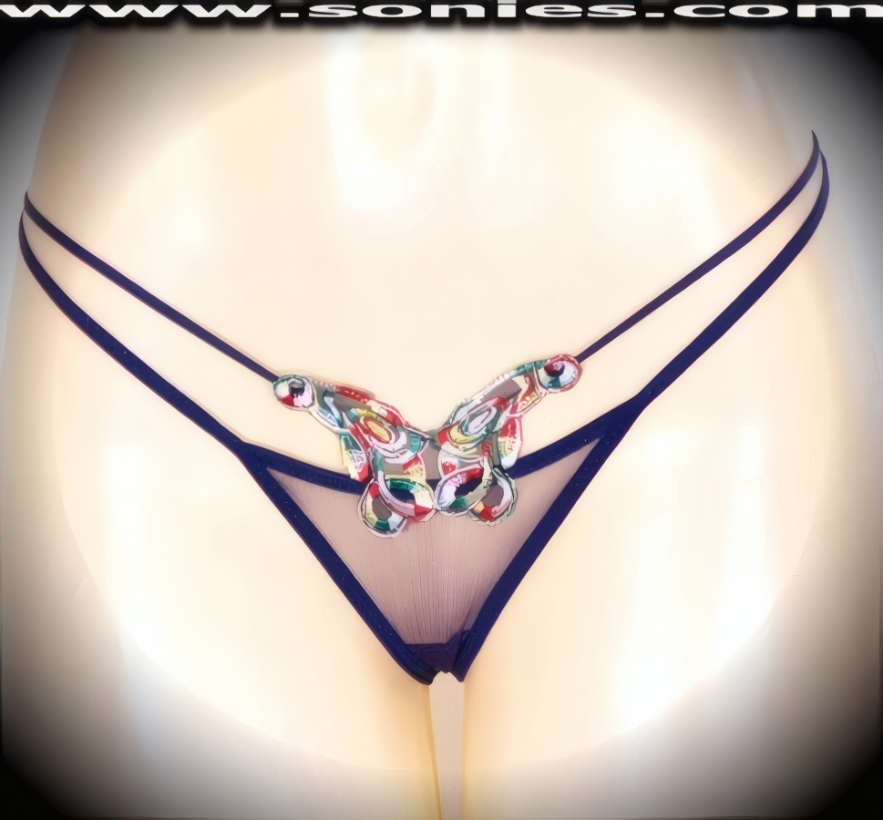 An ultra-sexy adult entertainer's low-rise Martita lusciously sheer fine mesh front cutout dance wear panty with lavishly embroidered multicolored butterfly detailing and thong back, that is guaranteed to make waves at night or on the stage. Irresistibly enticing panty features a dual elasticized strappy cutout front sides to create an impressive look, cotton lined crotch, and silky soft sheer mesh thong back finally to insure a comfortable fit (10% Lycra, 90% Nylon. Wash delicate and hang dry). It pairs beautifully with any number of risqu� tops. May be worn with stiletto heel shoes or boots to create a phenomenal look. This style is perfect for stage, bedroom performance, life style events, pride week, monthly play parties, fetish events, adult alternative lifestyle gatherings, bachelor parties and gentleman's clubs.   Style: YQ2098E