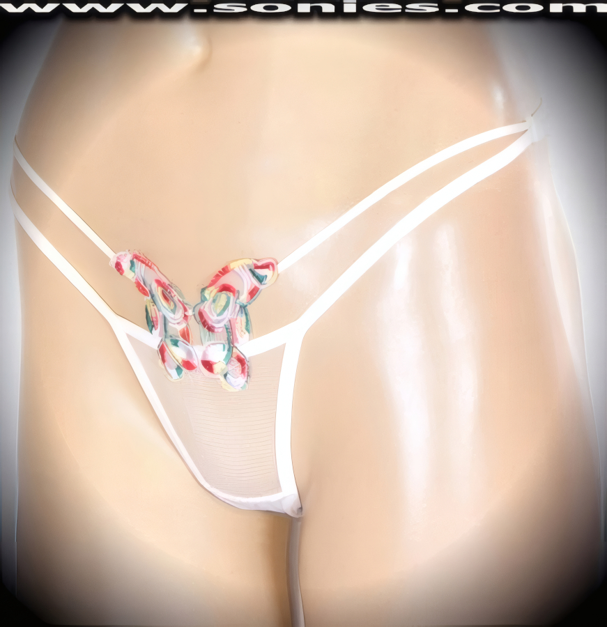 An ultra-sexy adult entertainer's low-rise Martita lusciously sheer fine mesh front cutout dance wear panty with lavishly embroidered multicolored butterfly detailing and thong back, that is guaranteed to make waves at night or on the stage. Irresistibly enticing panty features a dual elasticized strappy cutout front sides to create an impressive look, cotton lined crotch, and silky soft sheer mesh thong back finally to insure a comfortable fit (10% Lycra, 90% Nylon. Wash delicate and hang dry). It pairs beautifully with any number of risqu� tops. May be worn with stiletto heel shoes or boots to create a phenomenal look. This style is perfect for stage, bedroom performance, life style events, pride week, monthly play parties, fetish events, adult alternative lifestyle gatherings, bachelor parties and gentleman's clubs.   Style: YQ2098G