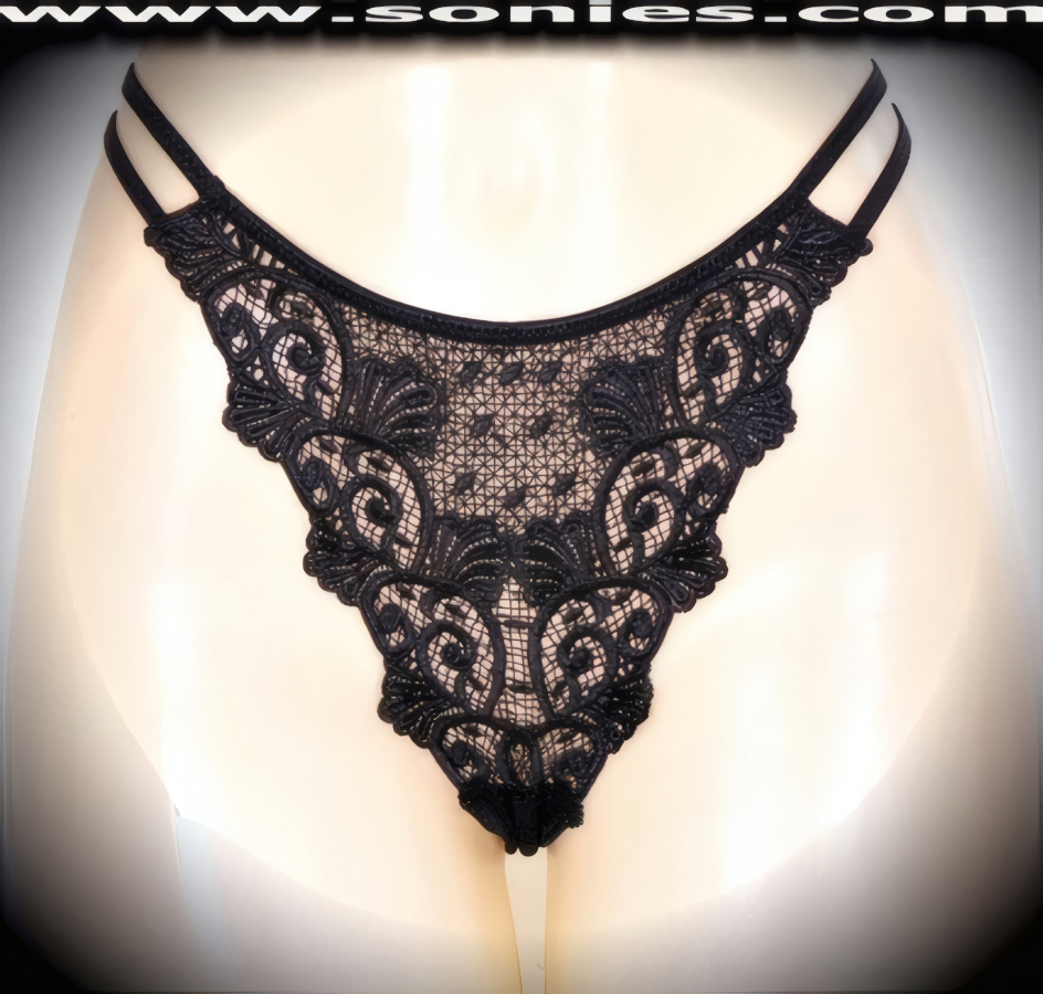 Just the Thing to Make you Feel Luscious in this Ladies Translucent Stretch Net Dance Wear Bottom with Lavishly Embroidered Floral Sheer Detail Front, Double Elasticized Strappy Sides Waistband, Cotton Lined Crotch and Thong Back Finally (15% Lycra, 85% Nylon exclusive of trim. Hand wash cold and drip dry, no bleach).   Style: YQ2107