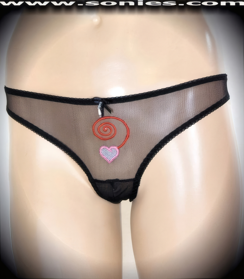 Mischievously sheer stretch mesh American back panty with slit convenience open crotch. Eye-appealing front embroidered swirl with dangling heart detail finish and satin bow appliqu�, plus beaded pearl finally (15% Lycra, 85% Nylon exclusive of trim. Hand wash cold and drip dry, no bleach). It pairs beautifully with any number of risqu� tops. May be worn with stiletto heel shoes or boots to create a phenomenal look. This style is perfect for stage, bedroom performance, life style events, pride week, monthly play parties, fetish events, adult alternative lifestyle gatherings, bachelor parties and gentleman's clubs.   Style: YQ2134