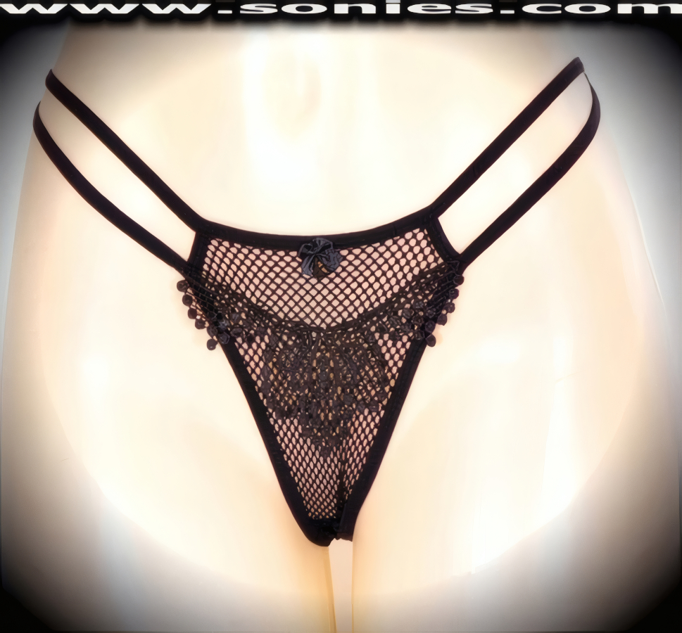 Lusty Venetian Sheer Stretch Net Dance Wear Bottom with Lavishly Embroidered Detail Front Finish. Strappy Sides with Lined Crotch and Thong Back Finally (15% Lycra, 85% Nylon).   Style: YQ2185