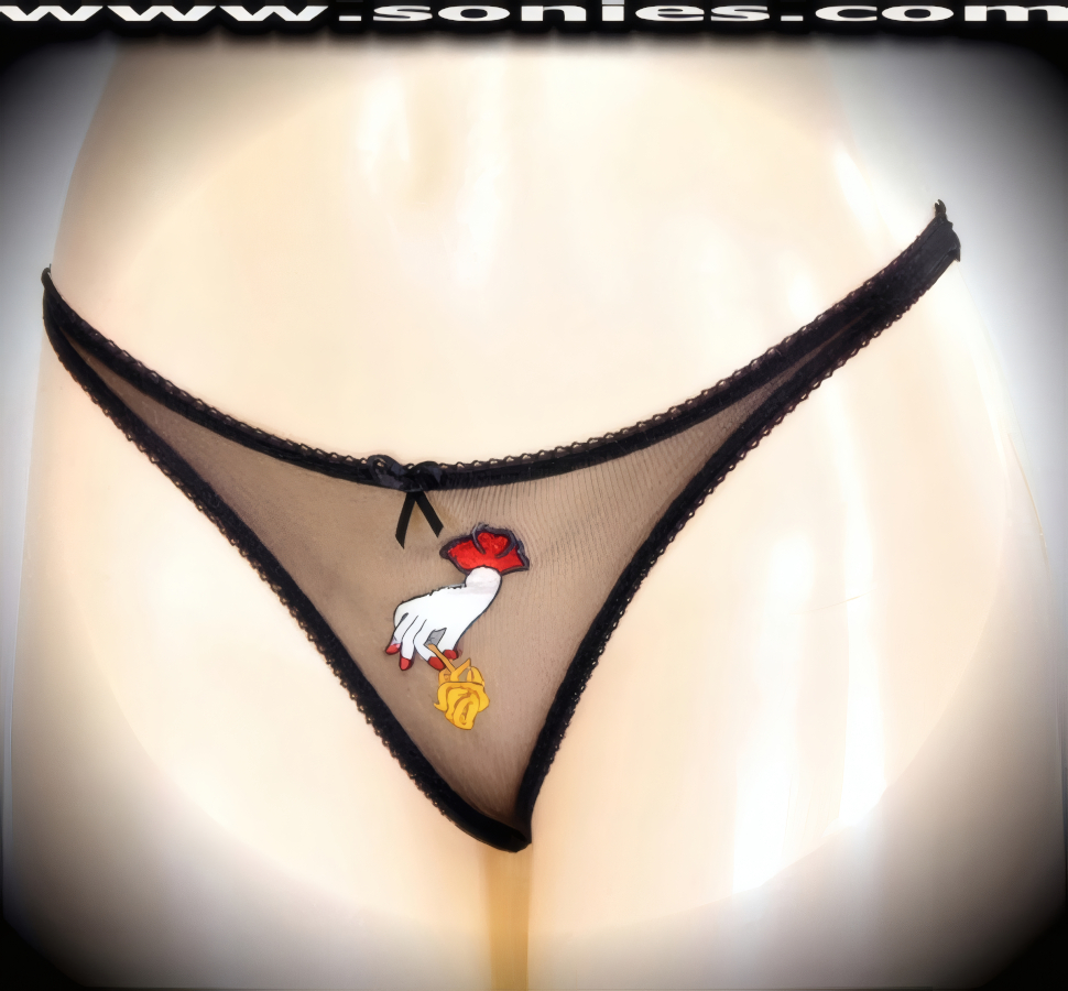Play the wonderful role of an enchantress in this adult entertainer's low-rise Devi silky soft and lusciously sheer fine mesh dance wear thong bottom with exquisitely embroidered eye-captivating hand picking-up rose front detailing. Irresistibly enticing panty features a cotton lined crotch, soft elasticized edging to insure a comfortable fit, sheer mesh thong back, plus a satin bow appliqu� front and beaded pearl accent finally (10% Lycra, 90% Nylon. Wash delicate and hang dry). It pairs beautifully with any number of risqu� tops. May be worn with stiletto heel shoes or boots to create a phenomenal look. This style is perfect for stage, bedroom performance, life style events, pride week, monthly play parties, fetish events, adult alternative lifestyle gatherings, bachelor parties and gentleman's clubs.   Style: YQ219