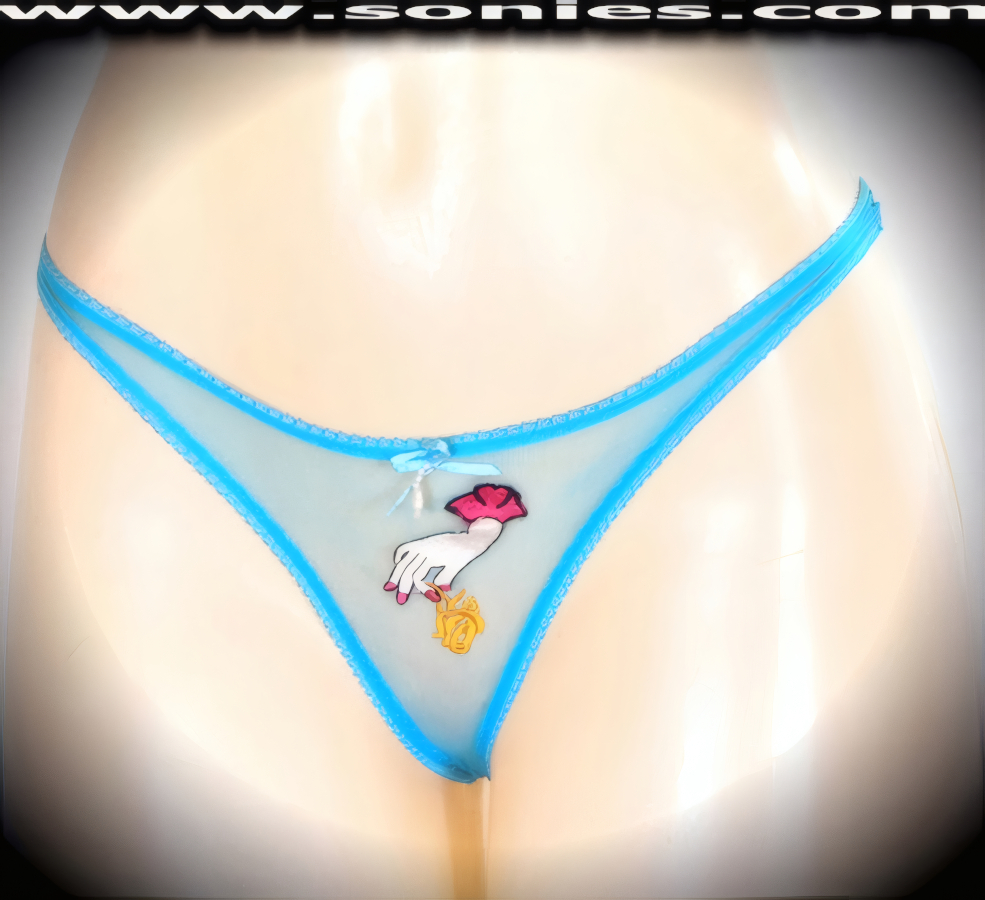 Play the wonderful role of an enchantress in this adult entertainer's low-rise Devi silky soft and lusciously sheer fine mesh dance wear thong bottom with exquisitely embroidered eye-captivating hand picking-up rose front detailing. Irresistibly enticing panty features a cotton lined crotch, soft elasticized edging to insure a comfortable fit, sheer mesh thong back, plus a satin bow appliqu� front and beaded pearl accent finally (10% Lycra, 90% Nylon. Wash delicate and hang dry). It pairs beautifully with any number of risqu� tops. May be worn with stiletto heel shoes or boots to create a phenomenal look. This style is perfect for stage, bedroom performance, life style events, pride week, monthly play parties, fetish events, adult alternative lifestyle gatherings, bachelor parties and gentleman's clubs.   Style: YQ219B