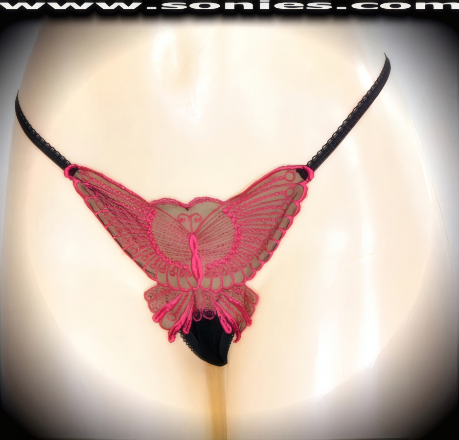 You can feel hearts beating when you slip into this sexy adult entertainer's low-rise Nanga see-through silky soft mesh with sensationally crafted large embroidered butterfly front dance wear thong bottom. Irresistibly enticing panty features a soft elasticized waistband to insure a great fit, cotton lined crotch, and sheer fine mesh thong back detail finish (10% Lycra, 90% Nylon. Wash delicate and hang dry). It pairs beautifully with any number of risqu� tops. May be worn with stiletto heel shoes or boots to create a phenomenal look. This style is perfect for stage, bedroom performance, life style events, pride week, monthly play parties, fetish events, adult alternative lifestyle gatherings, bachelor parties and gentleman's clubs.   Style: YQ220A