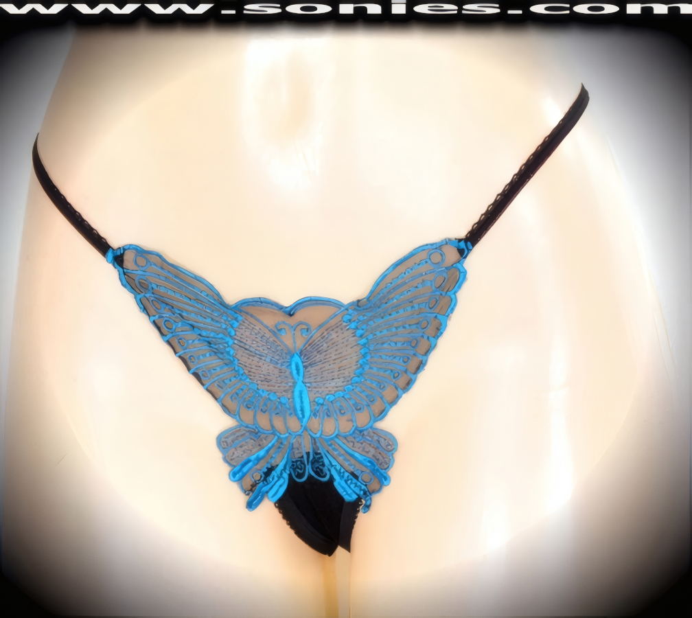 You can feel hearts beating when you slip into this sexy adult entertainer's low-rise Nanga see-through silky soft mesh with sensationally crafted large embroidered butterfly front dance wear thong bottom. Irresistibly enticing panty features a soft elasticized waistband to insure a great fit, cotton lined crotch, and sheer fine mesh thong back detail finish (10% Lycra, 90% Nylon. Wash delicate and hang dry). It pairs beautifully with any number of risqu� tops. May be worn with stiletto heel shoes or boots to create a phenomenal look. This style is perfect for stage, bedroom performance, life style events, pride week, monthly play parties, fetish events, adult alternative lifestyle gatherings, bachelor parties and gentleman's clubs.   Style: YQ220B