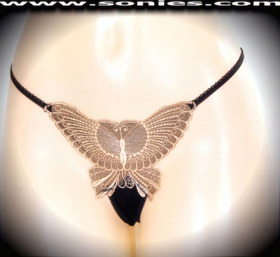 You can feel hearts beating when you slip into this sexy adult entertainer's low-rise Nanga see-through silky soft mesh with sensationally crafted large embroidered butterfly front dance wear thong bottom. Irresistibly enticing panty features a soft elasticized waistband to insure a great fit, cotton lined crotch, and sheer fine mesh thong back detail finish (10% Lycra, 90% Nylon. Wash delicate and hang dry). It pairs beautifully with any number of risqu� tops. May be worn with stiletto heel shoes or boots to create a phenomenal look. This style is perfect for stage, bedroom performance, life style events, pride week, monthly play parties, fetish events, adult alternative lifestyle gatherings, bachelor parties and gentleman's clubs.   Style: YQ220C