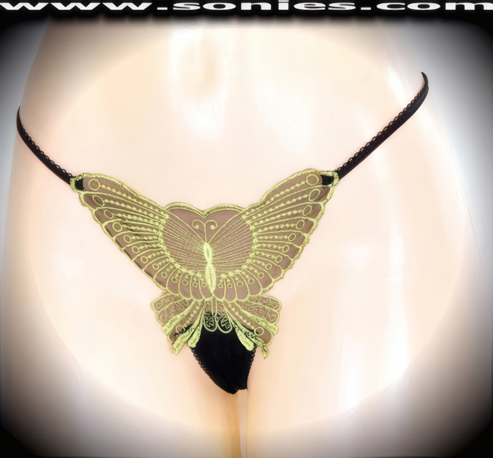 You can feel hearts beating when you slip into this sexy adult entertainer's low-rise Nanga see-through silky soft mesh with sensationally crafted large embroidered butterfly front dance wear thong bottom. Irresistibly enticing panty features a soft elasticized waistband to insure a great fit, cotton lined crotch, and sheer fine mesh thong back detail finish (10% Lycra, 90% Nylon. Wash delicate and hang dry). It pairs beautifully with any number of risqu� tops. May be worn with stiletto heel shoes or boots to create a phenomenal look. This style is perfect for stage, bedroom performance, life style events, pride week, monthly play parties, fetish events, adult alternative lifestyle gatherings, bachelor parties and gentleman's clubs.   Style: YQ220D