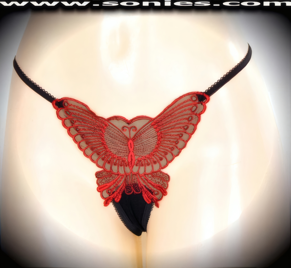 You can feel hearts beating when you slip into this sexy adult entertainer's low-rise Nanga see-through silky soft mesh with sensationally crafted large embroidered butterfly front dance wear thong bottom. Irresistibly enticing panty features a soft elasticized waistband to insure a great fit, cotton lined crotch, and sheer fine mesh thong back detail finish (10% Lycra, 90% Nylon. Wash delicate and hang dry). It pairs beautifully with any number of risqu� tops. May be worn with stiletto heel shoes or boots to create a phenomenal look. This style is perfect for stage, bedroom performance, life style events, pride week, monthly play parties, fetish events, adult alternative lifestyle gatherings, bachelor parties and gentleman's clubs.   Style: YQ220G