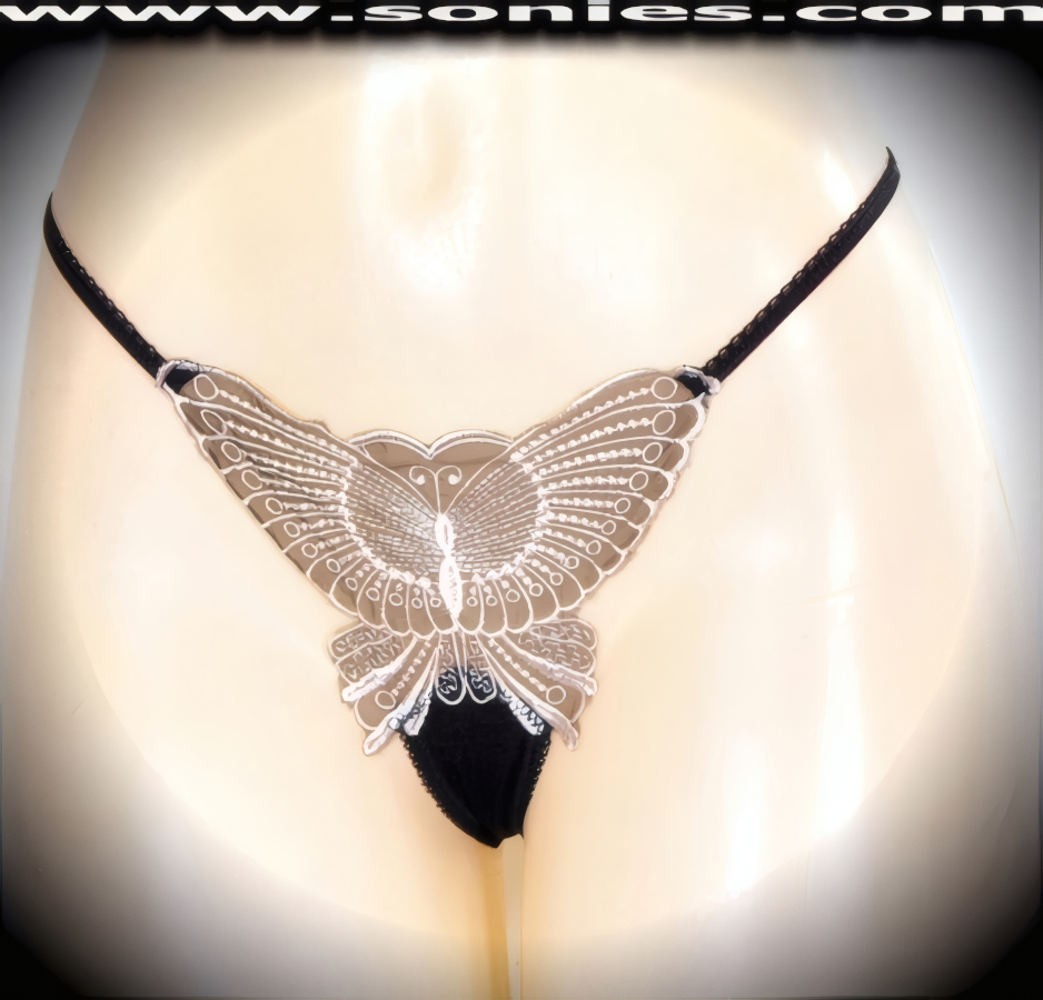 You can feel hearts beating when you slip into this sexy adult entertainer's low-rise Nanga see-through silky soft mesh with sensationally crafted large embroidered butterfly front dance wear thong bottom. Irresistibly enticing panty features a soft elasticized waistband to insure a great fit, cotton lined crotch, and sheer fine mesh thong back detail finish (10% Lycra, 90% Nylon. Wash delicate and hang dry). It pairs beautifully with any number of risqu� tops. May be worn with stiletto heel shoes or boots to create a phenomenal look. This style is perfect for stage, bedroom performance, life style events, pride week, monthly play parties, fetish events, adult alternative lifestyle gatherings, bachelor parties and gentleman's clubs.   Style: YQ220I