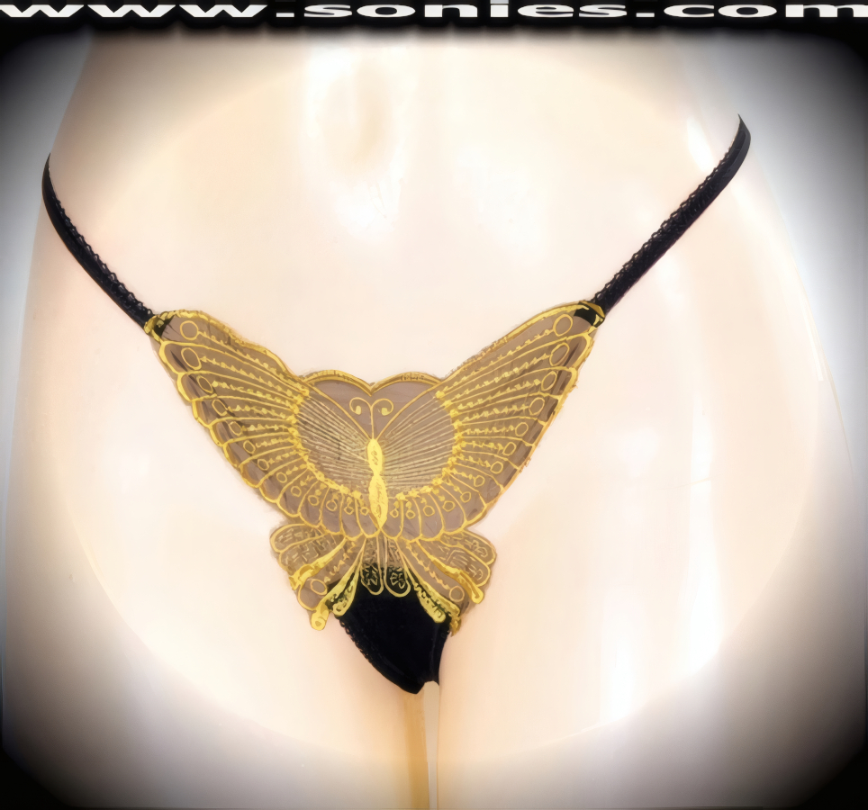 You can feel hearts beating when you slip into this sexy adult entertainer's low-rise Nanga see-through silky soft mesh with sensationally crafted large embroidered butterfly front dance wear thong bottom. Irresistibly enticing panty features a soft elasticized waistband to insure a great fit, cotton lined crotch, and sheer fine mesh thong back detail finish (10% Lycra, 90% Nylon. Wash delicate and hang dry). It pairs beautifully with any number of risqu� tops. May be worn with stiletto heel shoes or boots to create a phenomenal look. This style is perfect for stage, bedroom performance, life style events, pride week, monthly play parties, fetish events, adult alternative lifestyle gatherings, bachelor parties and gentleman's clubs.   Style: YQ220J