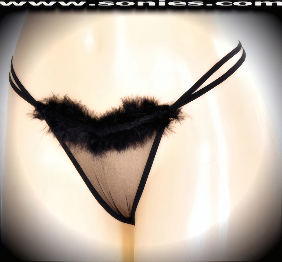 You're audience will lust after this shimmering adult entertainer's low-rise Parbat lusciously sheer fine mesh dance wear G-String bottom with soft marabou trim and satin ribbon accent front top detailing. Irresistibly enticing sheer panty features double elasticized strappy cutout waistband sides to insure a great fit, cotton lined crotch, and stunning sheer V-Shape back finally (10% Lycra, 90% Nylon. Wash delicate and hang dry). It pairs beautifully with any number of risqu� tops. May be worn with stiletto heel shoes or boots to create a phenomenal look. This style is perfect for stage, bedroom performance, life style events, pride week, monthly play parties, fetish events, adult alternative lifestyle gatherings, bachelor parties and gentleman's clubs.   Style: YQ222A