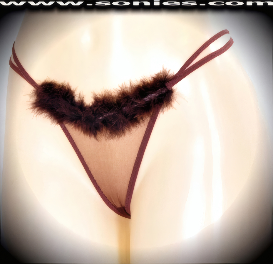 You're audience will lust after this shimmering adult entertainer's low-rise Parbat lusciously sheer fine mesh dance wear G-String bottom with soft marabou trim and satin ribbon accent front top detailing. Irresistibly enticing sheer panty features double elasticized strappy cutout waistband sides to insure a great fit, cotton lined crotch, and stunning sheer V-Shape back finally (10% Lycra, 90% Nylon. Wash delicate and hang dry). It pairs beautifully with any number of risqu� tops. May be worn with stiletto heel shoes or boots to create a phenomenal look. This style is perfect for stage, bedroom performance, life style events, pride week, monthly play parties, fetish events, adult alternative lifestyle gatherings, bachelor parties and gentleman's clubs.   Style: YQ222B