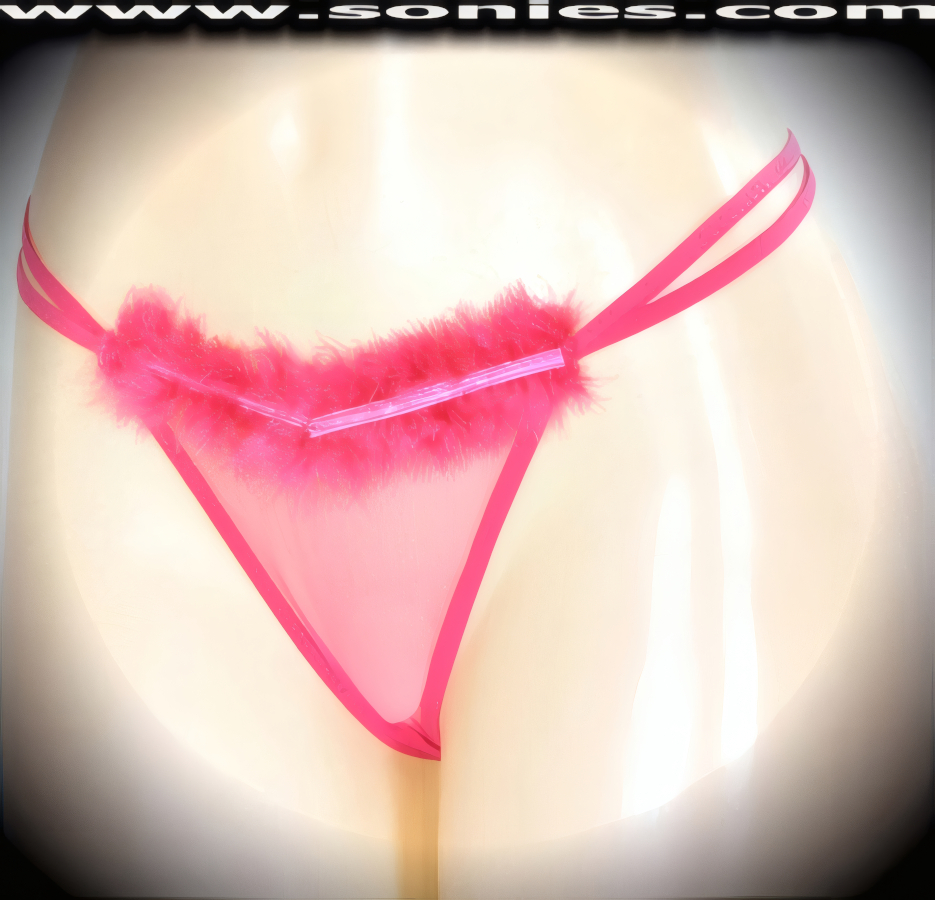 You're audience will lust after this shimmering adult entertainer's low-rise Parbat lusciously sheer fine mesh dance wear G-String bottom with soft marabou trim and satin ribbon accent front top detailing. Irresistibly enticing sheer panty features double elasticized strappy cutout waistband sides to insure a great fit, cotton lined crotch, and stunning sheer V-Shape back finally (10% Lycra, 90% Nylon. Wash delicate and hang dry). It pairs beautifully with any number of risqu� tops. May be worn with stiletto heel shoes or boots to create a phenomenal look. This style is perfect for stage, bedroom performance, life style events, pride week, monthly play parties, fetish events, adult alternative lifestyle gatherings, bachelor parties and gentleman's clubs.   Style: YQ222C