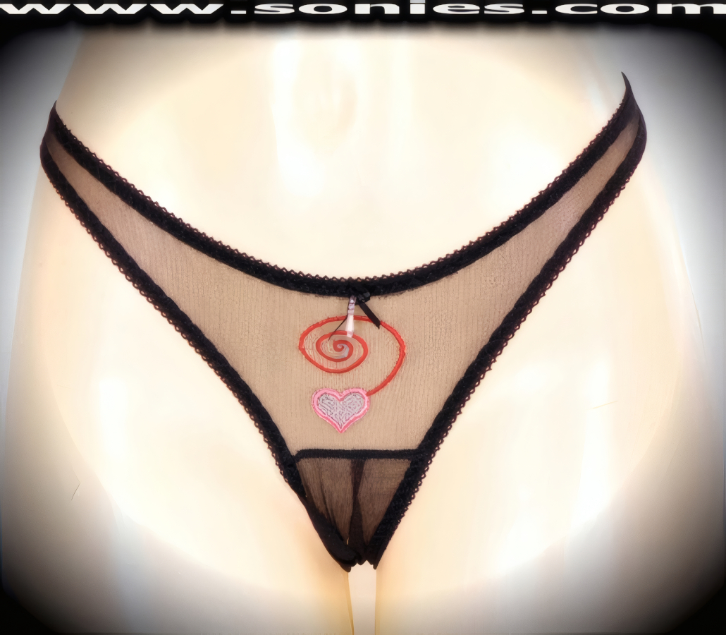 When you want frills with your thrills, slip on this flirty adult entertainer's low-rise Rakhiot lusciously sheer fine mesh with exquisitely embroidered eye-captivating swirl front and dangling heart detailing dance wear thong bottom. Irresistibly enticing panty features soft elasticized edging to insure a great fit, suggestive convenience open crotch for easy access, and silky soft sheer mesh thong back, plus satin bow appliqu� with beaded pearl accent front finally (10% Lycra, 90% Nylon. Wash delicate and hang dry). It pairs beautifully with any number of risqu� tops. May be worn with stiletto heel shoes or boots to create a phenomenal look. This style is perfect for stage, bedroom performance, life style events, pride week, monthly play parties, fetish events, adult alternative lifestyle gatherings, bachelor parties and gentleman's clubs.   Style: YQ225A