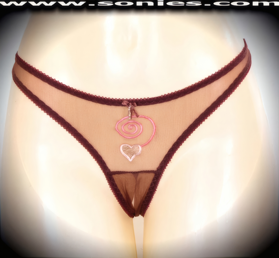 When you want frills with your thrills, slip on this flirty adult entertainer's low-rise Rakhiot lusciously sheer fine mesh with exquisitely embroidered eye-captivating swirl front and dangling heart detailing dance wear thong bottom. Irresistibly enticing panty features soft elasticized edging to insure a great fit, suggestive convenience open crotch for easy access, and silky soft sheer mesh thong back, plus satin bow appliqu� with beaded pearl accent front finally (10% Lycra, 90% Nylon. Wash delicate and hang dry). It pairs beautifully with any number of risqu� tops. May be worn with stiletto heel shoes or boots to create a phenomenal look. This style is perfect for stage, bedroom performance, life style events, pride week, monthly play parties, fetish events, adult alternative lifestyle gatherings, bachelor parties and gentleman's clubs.   Style: YQ225B