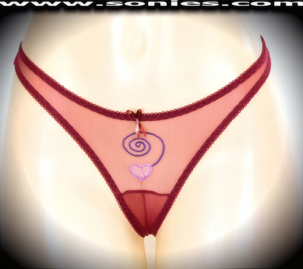When you want frills with your thrills, slip on this flirty adult entertainer's low-rise Rakhiot lusciously sheer fine mesh with exquisitely embroidered eye-captivating swirl front and dangling heart detailing dance wear thong bottom. Irresistibly enticing panty features soft elasticized edging to insure a great fit, suggestive convenience open crotch for easy access, and silky soft sheer mesh thong back, plus satin bow appliqu� with beaded pearl accent front finally (10% Lycra, 90% Nylon. Wash delicate and hang dry). It pairs beautifully with any number of risqu� tops. May be worn with stiletto heel shoes or boots to create a phenomenal look. This style is perfect for stage, bedroom performance, life style events, pride week, monthly play parties, fetish events, adult alternative lifestyle gatherings, bachelor parties and gentleman's clubs.   Style: YQ225C