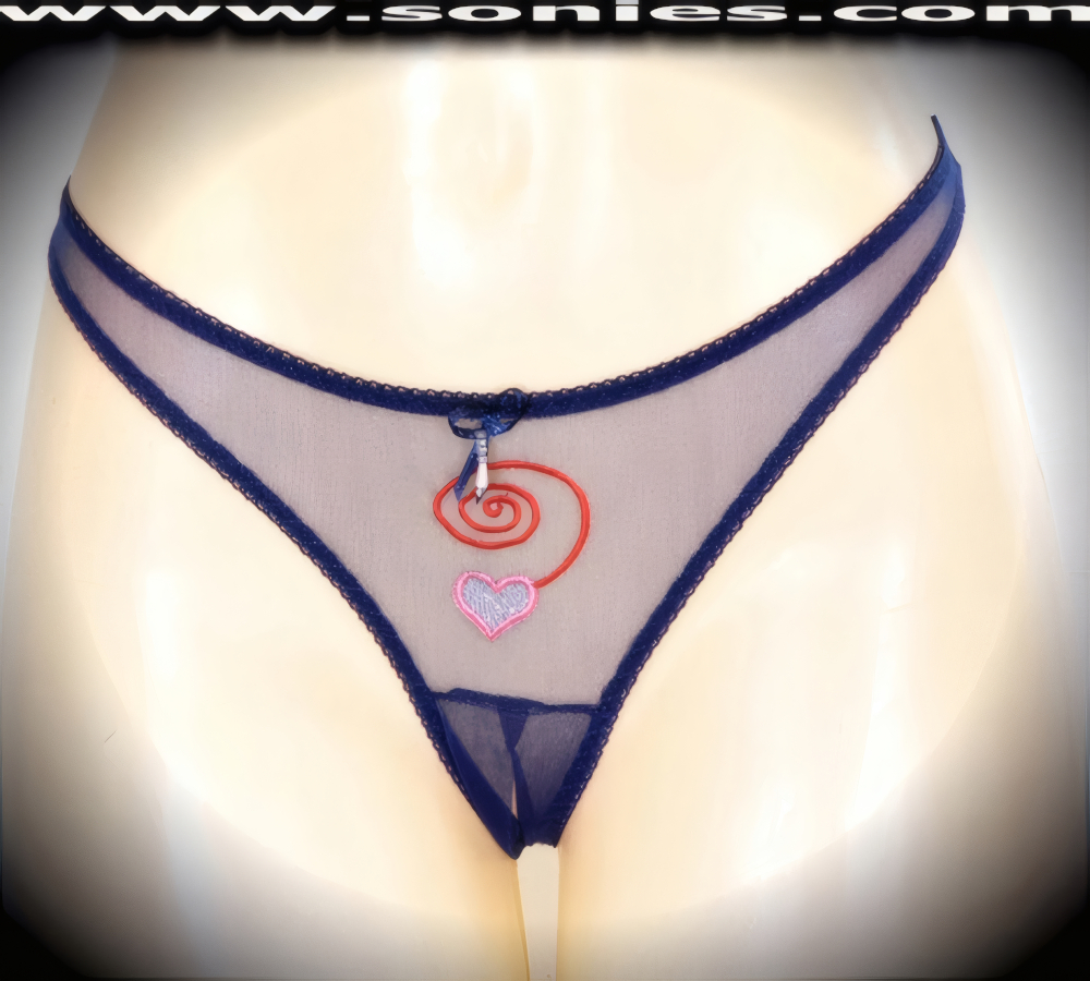 When you want frills with your thrills, slip on this flirty adult entertainer's low-rise Rakhiot lusciously sheer fine mesh with exquisitely embroidered eye-captivating swirl front and dangling heart detailing dance wear thong bottom. Irresistibly enticing panty features soft elasticized edging to insure a great fit, suggestive convenience open crotch for easy access, and silky soft sheer mesh thong back, plus satin bow appliqu� with beaded pearl accent front finally (10% Lycra, 90% Nylon. Wash delicate and hang dry). It pairs beautifully with any number of risqu� tops. May be worn with stiletto heel shoes or boots to create a phenomenal look. This style is perfect for stage, bedroom performance, life style events, pride week, monthly play parties, fetish events, adult alternative lifestyle gatherings, bachelor parties and gentleman's clubs.   Style: YQ225G
