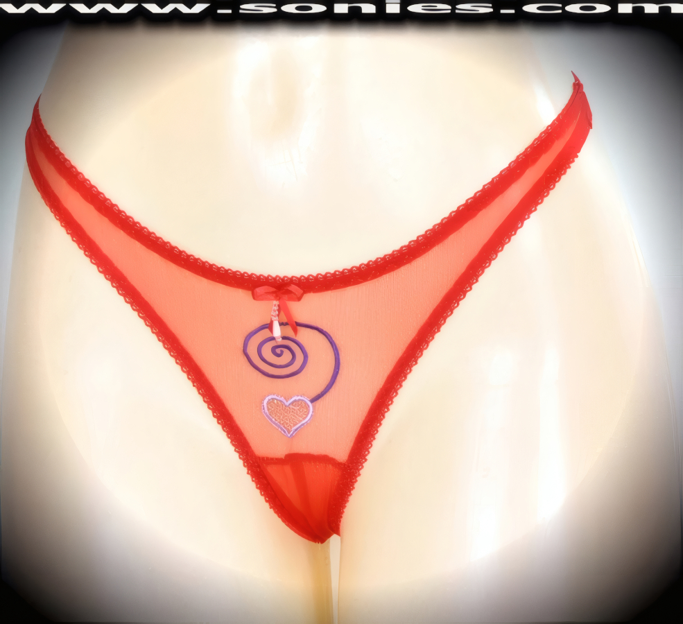 When you want frills with your thrills, slip on this flirty adult entertainer's low-rise Rakhiot lusciously sheer fine mesh with exquisitely embroidered eye-captivating swirl front and dangling heart detailing dance wear thong bottom. Irresistibly enticing panty features soft elasticized edging to insure a great fit, suggestive convenience open crotch for easy access, and silky soft sheer mesh thong back, plus satin bow appliqu� with beaded pearl accent front finally (10% Lycra, 90% Nylon. Wash delicate and hang dry). It pairs beautifully with any number of risqu� tops. May be worn with stiletto heel shoes or boots to create a phenomenal look. This style is perfect for stage, bedroom performance, life style events, pride week, monthly play parties, fetish events, adult alternative lifestyle gatherings, bachelor parties and gentleman's clubs.   Style: YQ225H