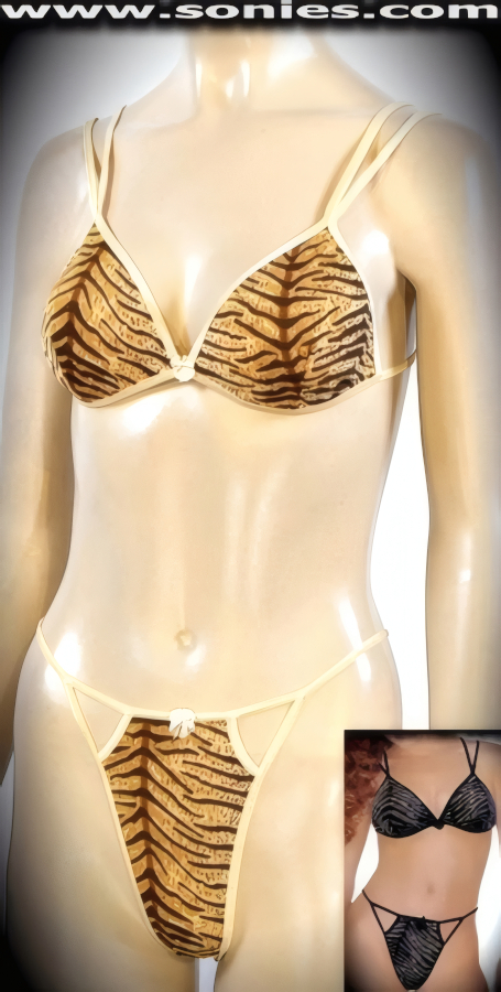 Dazzle your Audience in Our Ladies Stunning Stretch Tiger Print Two Piece Bikini Set. Double Elasticized Strap Bra with Hook Back Closure and Front Satin Bow Appliqu� Accent Finish. Complementing Cut-Out Thong Back Bottom with Lined Crotch (Lycra/Nylon).   Style: YQ308