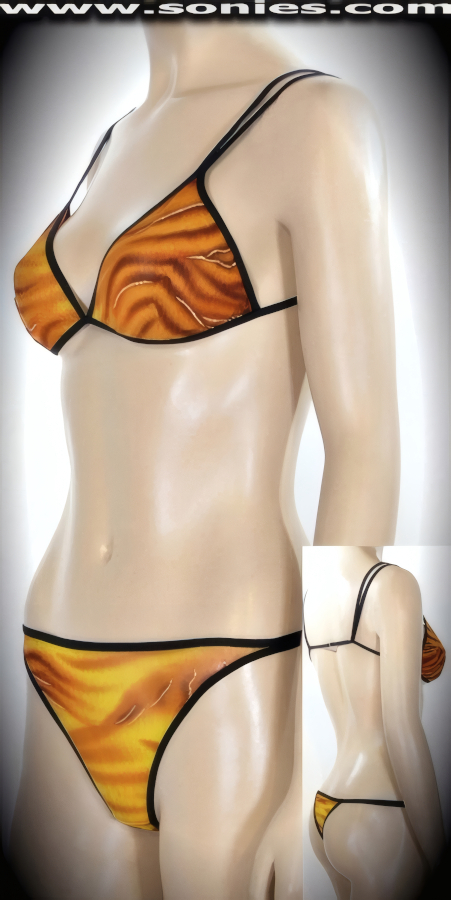 Beautifully body-baring in this sleek Perico gold sparkle treacherous wave print stretch sheer mesh two piece bikini set. Tantalizing bralette style top with soft double elasticized shoulder straps, plus hook back closure for off and on ease. Includes a matching thong back bottom with lined crotch and soft double elasticized strappy sides to ensure a great fit. This Sleek yet seductive style is specially designed for supreme fit, comfort and ultimate pleasure. This sexy two piece set is created using a translucent fabric with four way stretch to trace your bodies contour (17% Lycra, 83% Nylon). May be worn with stiletto heel shoes or boots to create a phenomenal look. This style is perfect for professional exotic dancers, life style events, pride week, monthly play parties, fetish events, adult alternative lifestyle gatherings, bachelor parties, club wear, gentleman's clubs, and to look your fully exposing best at the beach or lounging at the pool.   Style: YQ309B