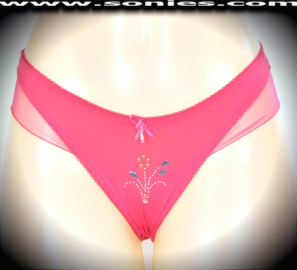Sexy as an underpinning, stunning when worn alone in this spirited adult entertainer's low-rise Diran stretch Lycra with silky soft mesh hip sides dance wear thong bottom. Irresistibly enticing panty features a stunning glitter metallic flower foil center front, cotton lined crotch, soft elasticized edging to insure a comfortable fit, plus a satin bow appliqu� with bead adornment detailing finish (10% Lycra, 90% Nylon. Wash delicate and hang dry). It pairs beautifully with any number of risqu� tops. May be worn with stiletto heel shoes or boots to create a phenomenal look. This style is perfect for stage, bedroom performance, life style events, pride week, monthly play parties, fetish events, adult alternative lifestyle gatherings, bachelor parties and gentleman's clubs.   Style: YQ613E