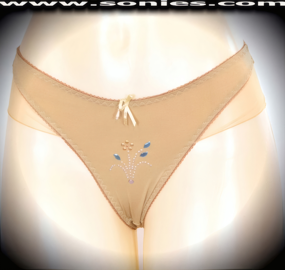 Sexy as an underpinning, stunning when worn alone in this spirited adult entertainer's low-rise Diran stretch Lycra with silky soft mesh hip sides dance wear thong bottom. Irresistibly enticing panty features a stunning glitter metallic flower foil center front, cotton lined crotch, soft elasticized edging to insure a comfortable fit, plus a satin bow appliqu� with bead adornment detailing finish (10% Lycra, 90% Nylon. Wash delicate and hang dry). It pairs beautifully with any number of risqu� tops. May be worn with stiletto heel shoes or boots to create a phenomenal look. This style is perfect for stage, bedroom performance, life style events, pride week, monthly play parties, fetish events, adult alternative lifestyle gatherings, bachelor parties and gentleman's clubs.   Style: YQ613G